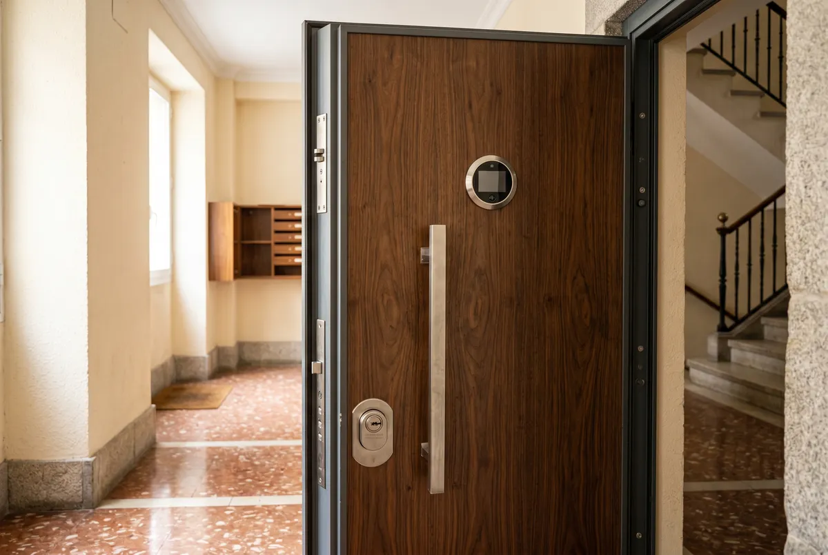 Puerta acorazada moderna instalada en un portal del área metropolitana de Alicante